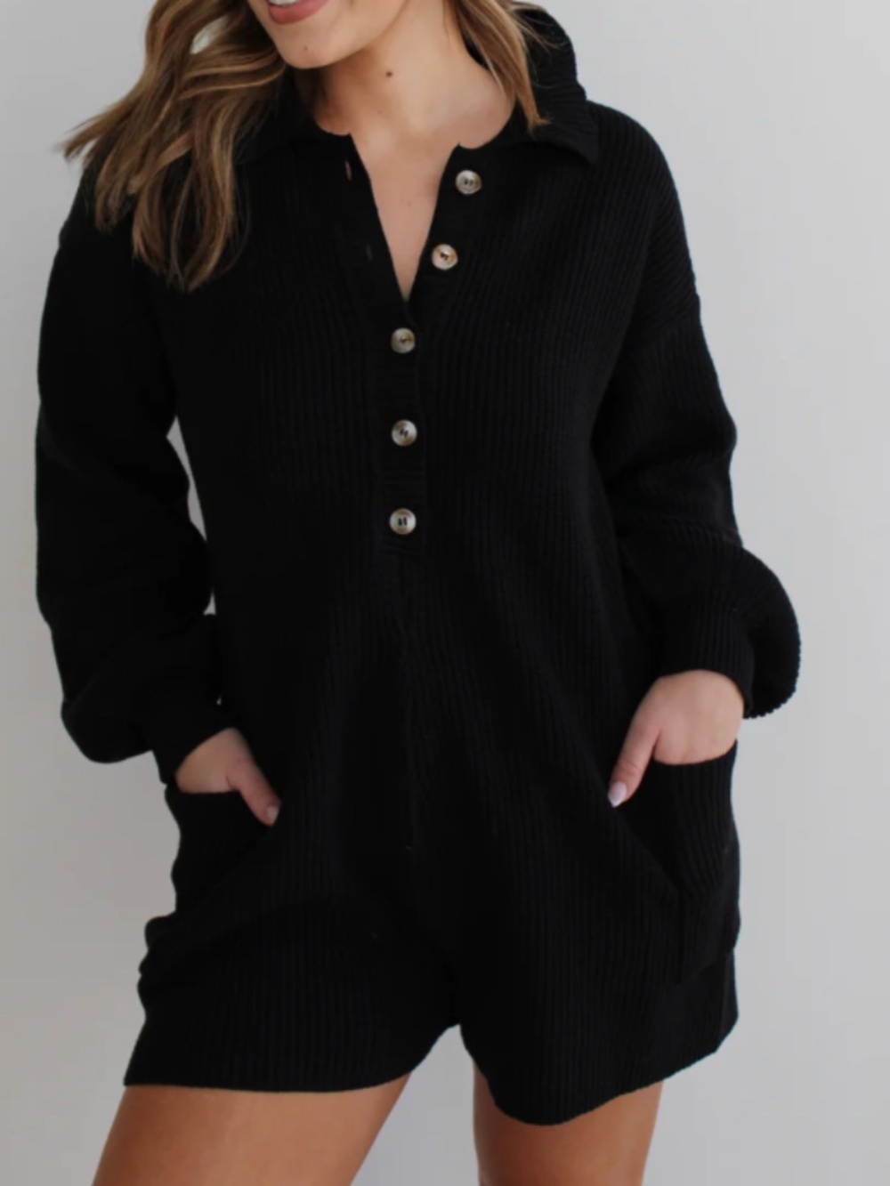Blue Blush Black Ribbed Knit Button-Front Sweater Romper